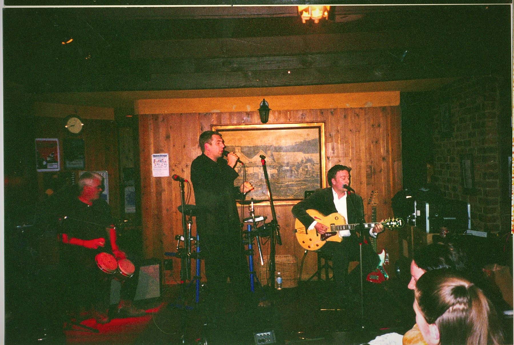 A quartet performing in a wood-panelled bar room: percussionist, singer at the microphone and a seated guitarist.